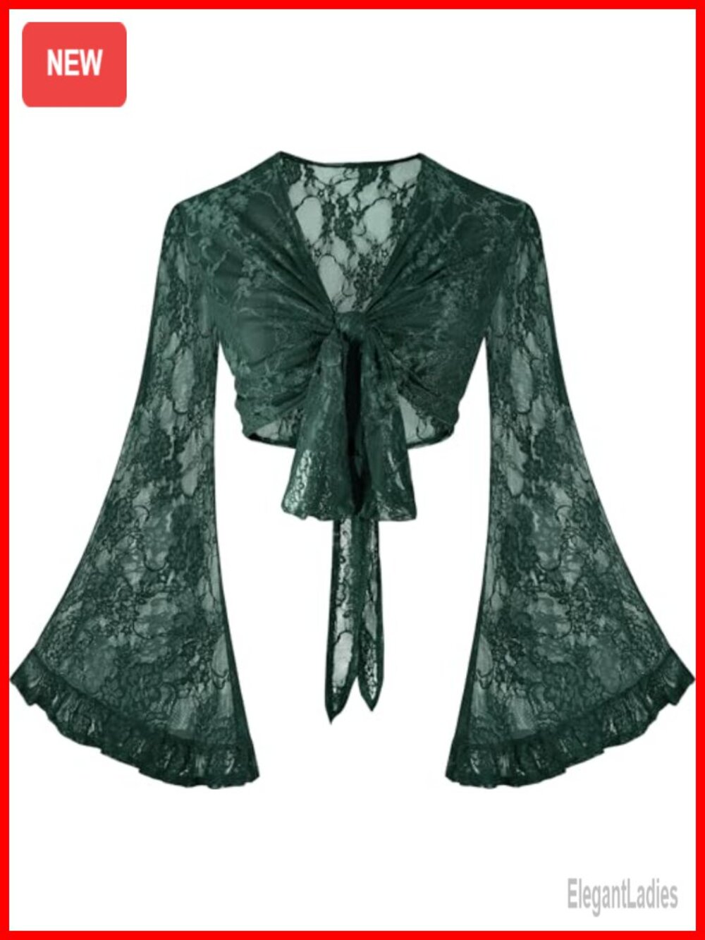 Lace Bell Sleeve Tie Front Crop Top Flowy Boho V-Neck Wrap Blouse